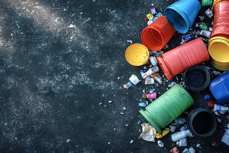 Colorful plastic containers and various garbage polluting a dark asphalt road surface, highlighting environmental pollution and waste management issuesの素材