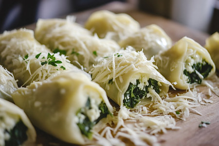 Freshly made cannelloni filled with spinach and ricotta cheese are topped with grated parmesan and ready to be baked in the oven, resting on a wooden cutting boardの素材
