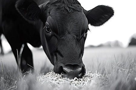 Close-up, black and white image of a black angus cow peacefully grazing on hay in a field, showcasing the details of its face and the texture of its coatの素材