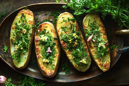 Four halves of roasted potatoes seasoned with garlic, parsley, and edible flowers are served on a rustic wooden platter, creating a visually appealing and flavorful dishの素材