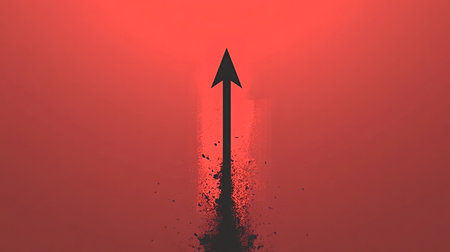 Black arrow pointing upwards, leaving a dark trail against a vibrant red background, symbolizes growth, achievement, and the journey of overcoming challenges in business and financeの素材