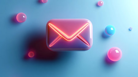 Vibrant neon pink email icon glows against a serene blue backdrop, surrounded by colorful spheres, creating a striking visual representation of modern communicationの素材