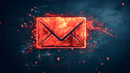 Red glowing envelope symbolizing urgent communication and online threats like spam, phishing, and malware, set against a dark, textured background with paint splattersの素材