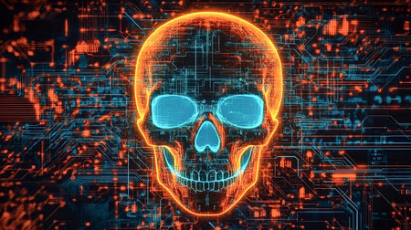 Orange and blue glowing digital skull representing cyber threats, data breaches, and the darker side of the digital world emerges from complex circuit board patternの素材