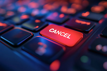 Glowing red cancel key illuminating a dark keyboard in close-up, representing concepts of termination, cancellation, and various online actions within the digital realmの素材