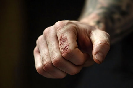 Close-up view of a tattooed hand displaying an injured finger with blood, emphasizing themes of injury, pain, and the reality of physical harm in everyday lifeの素材