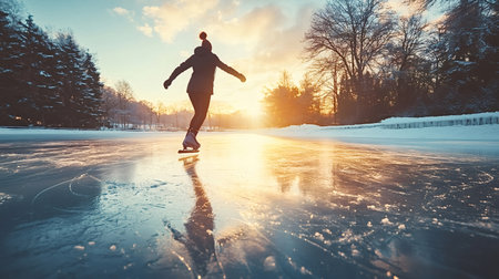 Woman enjoys ice skating on a frozen lake during a beautiful winter sunset, gliding gracefully across the smooth ice surface with trees and snow in the backgroundの素材