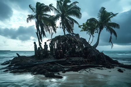 Members of an indigenous tribe gathering on a remote tropical island beneath a dramatic stormy sky, seeking shelter under a palm-frond hut among swaying palm treesの素材