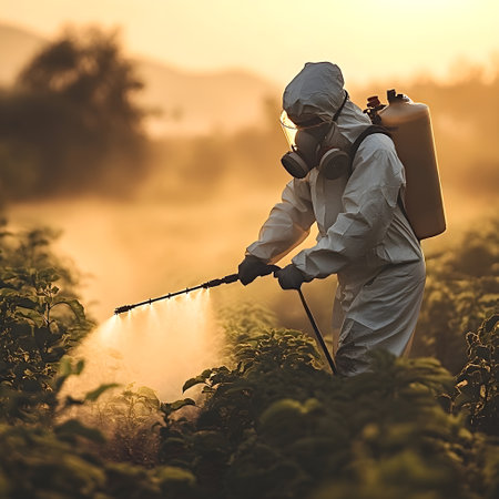 Farmer spraying pesticides on crops during sunset, wearing a protective suit and mask, promoting healthy growth and ensuring a bountiful harvest in the rural countrysideの写真素材