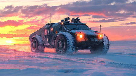 Armored military vehicle patrolling a snowy landscape at sunset, headlights cutting through the...