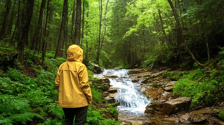 Female hiker wearing a bright yellow raincoat is pausing to admire a small waterfall cascading over...