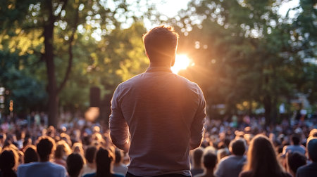 Motivational speaker delivering a speech in front of a large audience in an outdoor park setting during a beautiful sunset, creating a powerful and inspiring atmosphereの写真素材