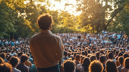 Young man standing confidently and delivering a speech to a large crowd in a vibrant city park,...
