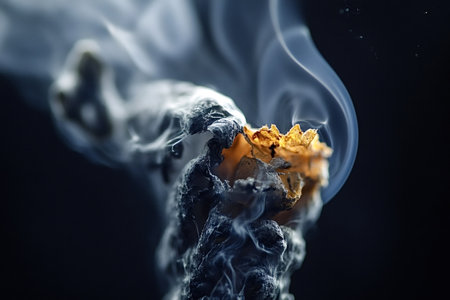 Smoke rising from smoldering wood creates a dramatic and captivating atmosphere against a dark background, highlighting the intricate textures of burning and decayの素材