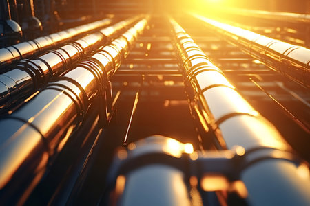 Large industrial pipes transporting oil or gas at sunset, highlighting the themes of energy, fuel,...