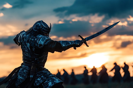 Medieval warrior in full armor holds a sword ready to strike as he stands against a dramatic sunset...