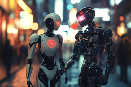 Two humanoid robots are holding hands, displaying a glowing red heart symbol, suggesting a romantic connection in a vibrant, futuristic city at nightの素材