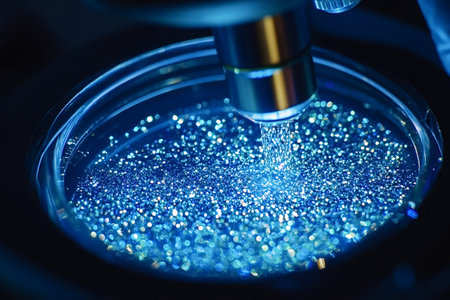 Close-up of a microscope lens examining a petri dish containing a sparkling blue substance, showing...