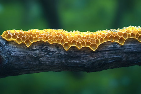 Honeycomb structure growing on a tree branch, creating a fascinating natural pattern with water...