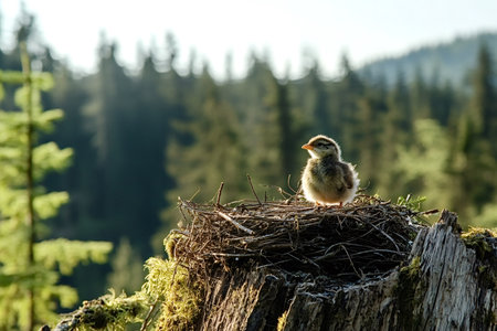 Newborn bird resting on a nest built on a tree stump with a blurred forest background, showing the...