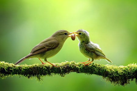 Mother bird is feeding a peanut to its baby bird on a mossy branch with a blurred green background,...