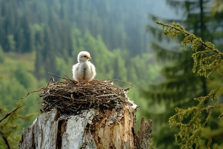 Small, fluffy baby bird resting in its nest atop a weathered tree stump, surrounded by a vibrant,...