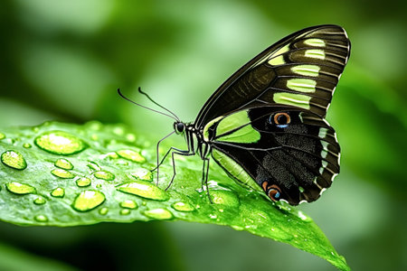 Close-up of a tailed jay butterfly with striking black and green wings, resting on a vibrant green...