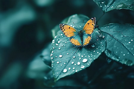 Orange and teal butterfly resting on a wet, dark turquoise leaf covered in raindrops, creating a...