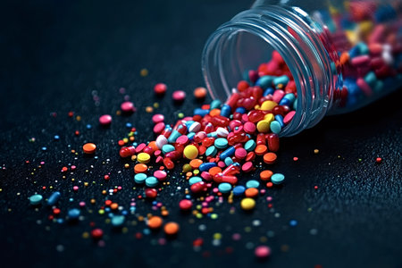 Colorful pills and capsules spilling from a transparent bottle onto a dark, textured surface,...