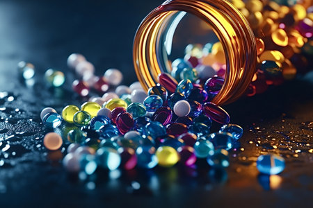 Multicolored pills are spilling from an amber glass bottle onto a dark, wet surface, creating a...