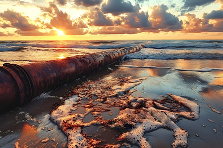 Large rusty pipeline crossing a sandy beach at sunset, with sea waves gently washing the shore and reflecting the colorful sky, symbolizing industrial impact and environmental pollutionの素材