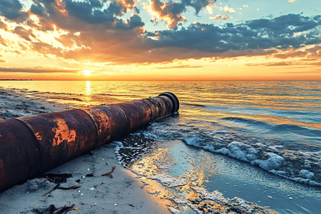 Rusty pipeline lying on sandy beach, contaminating ocean waters at sunset, emphasizing the stark reality of environmental damage and the ongoing threat of industrial pollutionの素材