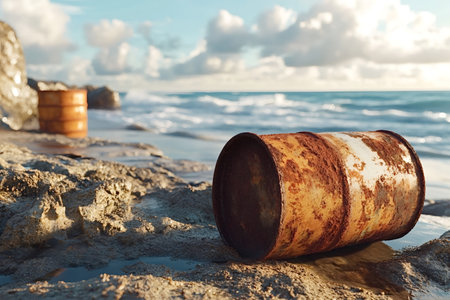 Rusty metal barrels polluting a pristine sandy beach with ocean waves crashing in the background, highlighting environmental damage and pollutionの素材