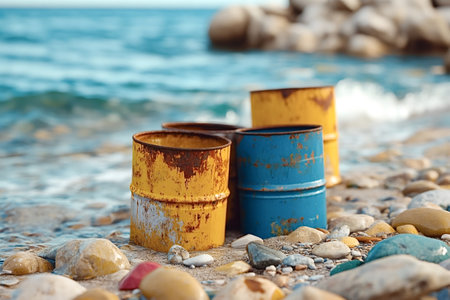 Rusty metal barrels lie discarded on a colorful pebble beach, polluting the pristine environment as the tide washes in, highlighting environmental damage and industrial wasteの素材