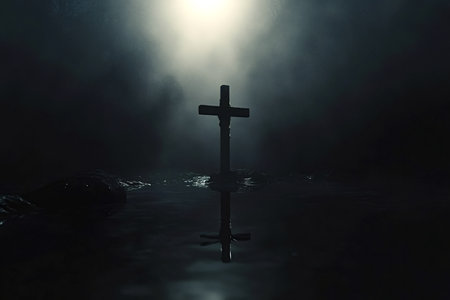 Large wooden cross rising from dark water, surrounded by fog and illuminated by soft light in the background, creating a mysterious and spiritual atmosphere filled with intrigueの素材