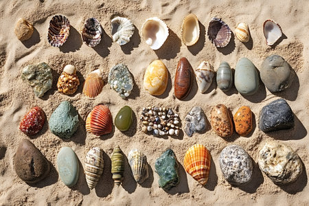 Vibrant collection of seashells and polished stones are meticulously arranged on a sunlit sandy...