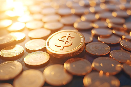 Large gold coin featuring a dollar sign resting atop smaller gold coins, illuminated by warm light,...