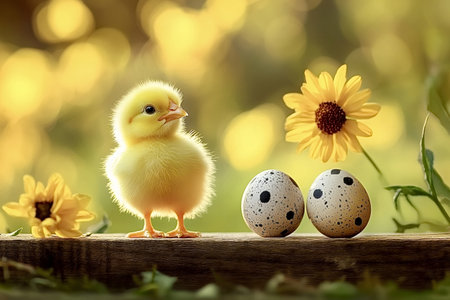 Small yellow chick standing on a wooden plank, nestled beside two tiny quail eggs and vibrant yellow...
