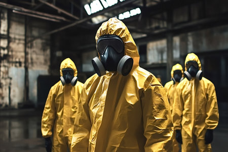 Scientists in yellow hazmat suits and gas masks standing in an abandoned industrial building during...