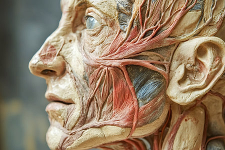 Close-up of an anatomical model reveals intricate details of facial muscles, veins, and arteries,...