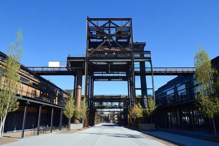 Landschaftspark duisburg-nord in duisburg, germany, features striking steel structures and walkways...