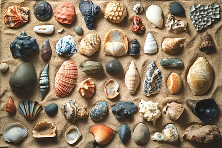 Different colorful seashells and pebbles creating a beautiful pattern on a smooth sand background, evoking a sense of beachcombing and summer vacation memoriesの写真素材