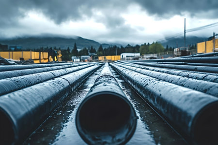 Large wet industrial pipes are lying on the ground in a construction site, ready for installation, with a mountain and forest in the backgroundの素材