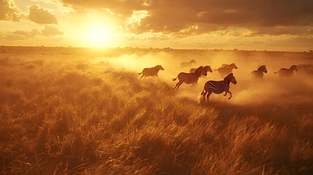 Herd of zebras galloping across the African savanna at sunset, kicking up clouds of dust and illuminating the landscape with a stunning golden hue, capturing the essence of wildlife in motionの素材