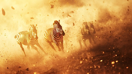 Zebras galloping through a swirling cloud of dust at sunset create a stunning and dynamic spectacle of wildlife in motion, showing the beauty and energy of the African savannaの素材