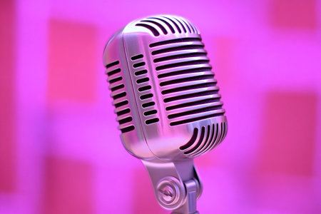Classic microphone stands out against a vibrant pink backdrop, symbolizing music, podcasting, broadcasting, and audio recording in a visually striking mannerの素材