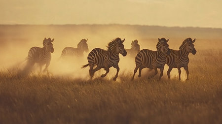 Multiple zebras galloping across a golden savanna at sunset, creating a cloud of dust as they move swiftly together, embodying the spirit of freedom in the wild african landscapeの素材
