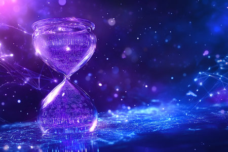 Glowing hourglass filled with digital data measuring passing time, set against backdrop of...