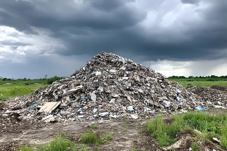Large amount of waste forming a hill in a field, polluting the environment under dark stormy clouds, illustrating environmental damage and irresponsible waste disposalの写真素材