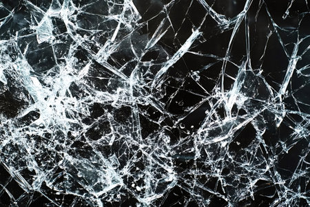 Broken glass shards forming a random pattern of cracks resembling spiderwebs or lightning bolts on a...